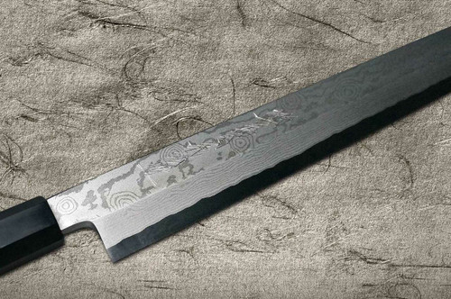 Yoshihiro Gingami No.3 Damascus Suminagashi G3SN-E Japanese Chefs Kiritsuke-YanagibaSashimi 330mm with Saya Sheath and Ebony Handle