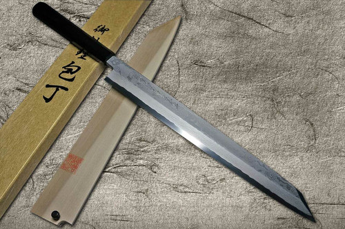 Yoshihiro Gingami No.3 Damascus Suminagashi G3SN-E Japanese Chefs Kiritsuke-YanagibaSashimi 330mm with Saya Sheath and Ebony Handle