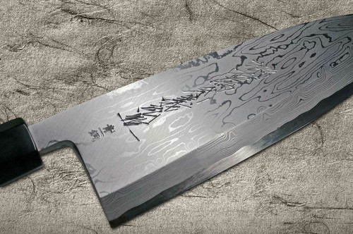 Yoshihiro Aogami No.1 Damascus Suminagashi B1SN-E Japanese Chefs Deba Knife 180mm with Saya Sheath and Ebony Handle