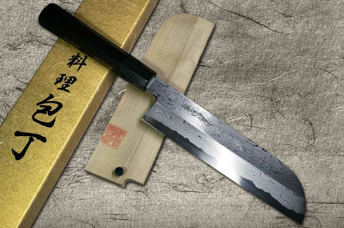 Yoshihiro Aogami No.1 Damascus Suminagashi B1SN-E Japanese Chefs Kamagata-UsubaVegetable 210mm with Saya Sheath and Ebony Handle