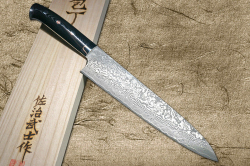 Takeshi Saji R2SG2 Black Damascus MCC Japanese Chefs Gyuto Knife 210mm with Striped Black Micarta Handle