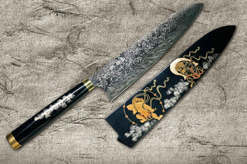 Takeshi Saji Makie-Art R2SG2 Mirrored Damascus Japanese Chefs Gyuto Knife 210mm with Urushi Lacquered Saya and Handle FUJIN RAIJIN