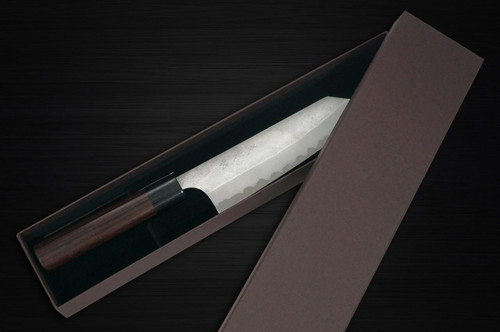 Yoshimi Kato Aogami Super Clad Nashiji RS Japanese Chefs Bunka Knife 170mm with Black-Ring Round Handle