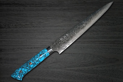 Takeshi Saji R2 Diamond Finish Damascus TCA Japanese Chefs SlicerSujihiki 240mm with Blue Turquoise Handle