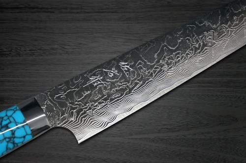 Takeshi Saji R2 Diamond Finish Damascus TCA Japanese Chefs SlicerSujihiki 240mm with Blue Turquoise Handle