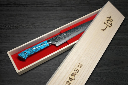 Takeshi Saji R2 Diamond Finish Damascus TCA Japanese Chefs SlicerSujihiki 240mm with Blue Turquoise Handle