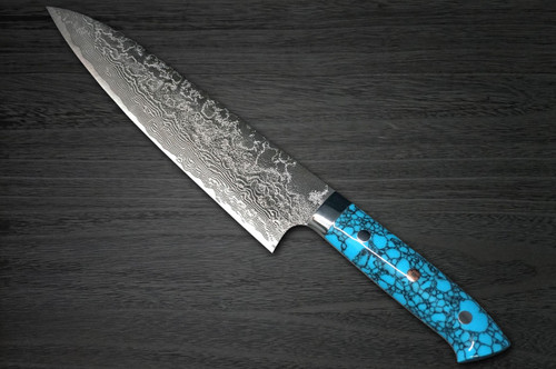 Takeshi Saji R2 Diamond Finish Damascus TCA Japanese Chefs Gyuto Knife 210mm with Blue Turquoise Handle