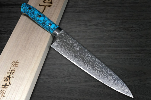 Takeshi Saji R2 Diamond Finish Damascus TCA Japanese Chefs Gyuto Knife 210mm with Blue Turquoise Handle