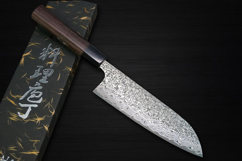 Yoshimi Kato 63 Layer VG10 Black Damascus RS8 Japanese Chefs Santoku Knife 170mm with Black-Ring Octagonal Handle