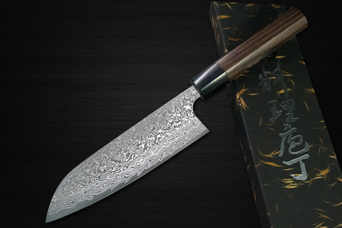 Yoshimi Kato 63 Layer VG10 Black Damascus RS8 Japanese Chefs Santoku Knife 170mm with Black-Ring Octagonal Handle