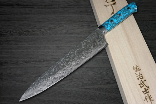 Takeshi Saji R2 Diamond Finish Damascus TCA Japanese Chefs Gyuto Knife 240mm with Blue Turquoise Handle