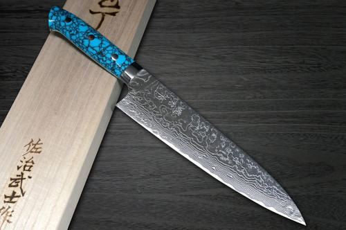 Takeshi Saji R2 Diamond Finish Damascus TCA Japanese Chefs Gyuto Knife 180mm with Blue Turquoise Handle