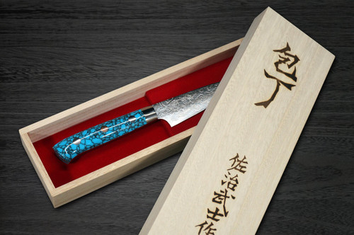 Takeshi Saji R2 Diamond Finish Damascus TCA Japanese Chefs Petty KnifeUtility 90mm with Blue Turquoise Handle