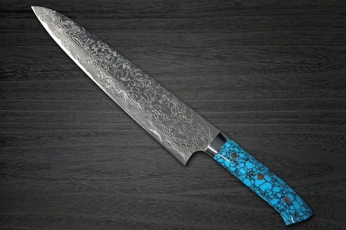 Takeshi Saji R2 Diamond Finish Damascus TCA Japanese Chefs Gyuto Knife 270mm with Blue Turquoise Handle