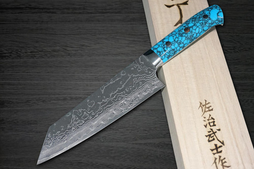 Takeshi Saji R2 Diamond Finish Damascus TCA Japanese Chefs Bunka Knife 180mm with Blue Turquoise Handle