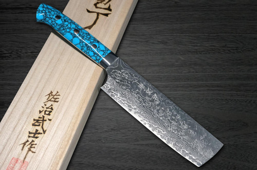 Takeshi Saji R2 Diamond Finish Damascus TCA Japanese Chefs NakiriVegetable 170mm with Blue Turquoise Handle