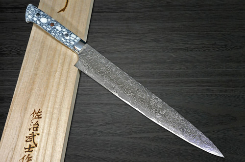 Takeshi Saji R2 Diamond Finish Damascus TCW Japanese Chefs SlicerSujihiki 270mm with White Turquoise Handle