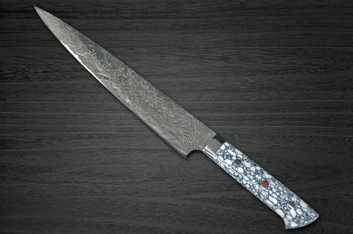 佐治武士R2 钻石抛光大马士革TCW 日本厨师切片刀（筋引）240mm 白色绿