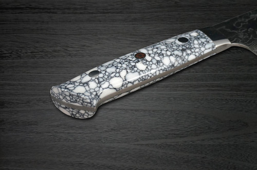 Takeshi Saji R2 Diamond Finish Damascus TCW Japanese Chefs Santoku Knife 180mm with White Turquoise Handle