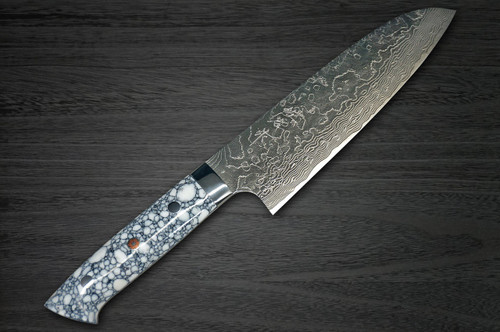 Takeshi Saji R2 Diamond Finish Damascus TCW Japanese Chefs Santoku Knife 180mm with White Turquoise Handle