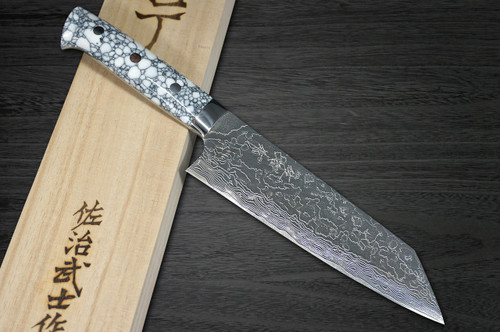 Takeshi Saji R2 Diamond Finish Damascus TCW Japanese Chefs Bunka Knife 180mm with White Turquoise Handle