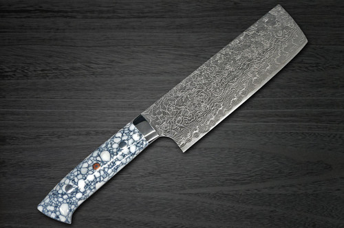 Takeshi Saji R2 Diamond Finish Damascus TCW Japanese Chefs NakiriVegetable 170mm with White Turquoise Handle