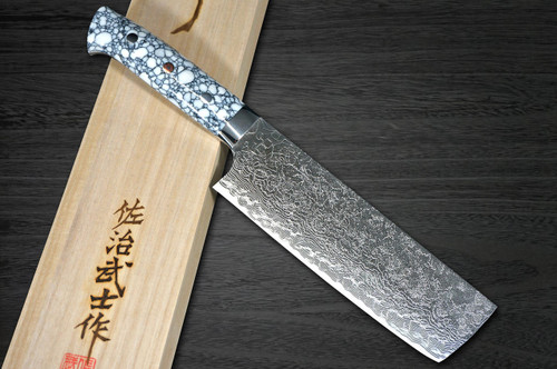 Takeshi Saji R2 Diamond Finish Damascus TCW Japanese Chefs NakiriVegetable 170mm with White Turquoise Handle