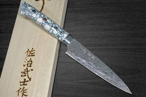 Takeshi Saji R2 Diamond Finish Damascus TCW Japanese Chefs Petty KnifeUtility 150mm with White Turquoise Handle