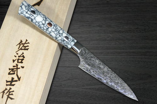 Takeshi Saji R2 Diamond Finish Damascus TCW Japanese Chefs Petty KnifeUtility 90mm with White Turquoise Handle