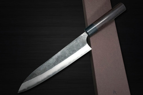 Yoshimi Kato Aogami Super Clad Kurouchi RS Japanese Chef's Gyuto Knife 240mm with Black-Ring Round Handle 