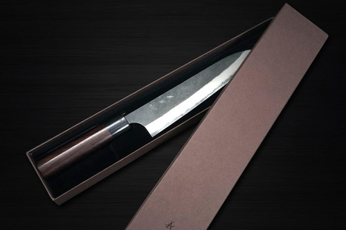 Yoshimi Kato Aogami Super Clad Kurouchi RS Japanese Chef's Gyuto Knife 240mm with Black-Ring Round Handle 