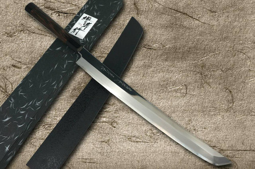 【新品・未使用】翁 装飾刀 専用箱付き 堺孝行ZANGETSU Ginsan 日本厨师用咲丸章鱼引（生鱼片）390毫米