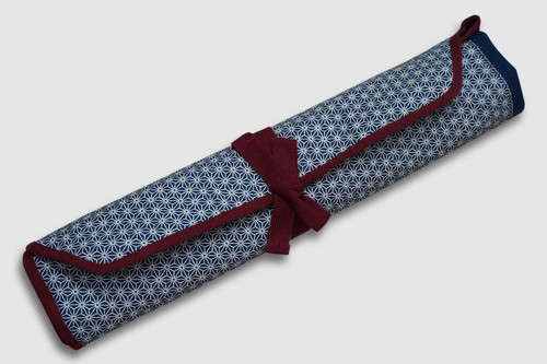 Japanese Style Knife Roll Hemp-Leaf Motif Indigo Large Vermilion Lace 5 Pockets