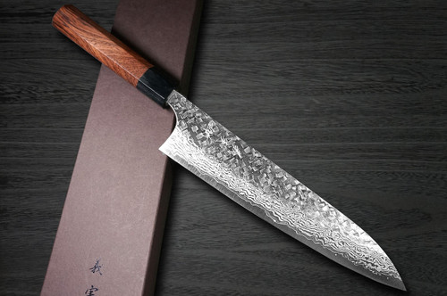 Yoshimi Kato 63 Layer VG10 Damascus Hammered RS8 Japanese Chefs Gyuto Knife 210mm with Black-Ring Octagonal Handle