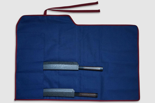 Japanese Style Knife Roll Chrysanthemum Motif Indigo Large Vermilion Lace 5 Pockets