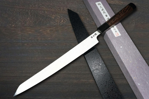 Sakai Takayuki HANAFUBUKI Ginsan Damascus Japanese Sakura Engraved Kengata-YanagibaSashimi 270mm with Wenge Handle and Saya Sheath