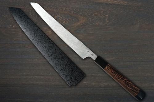 Sakai Takayuki HANAFUBUKI Ginsan Damascus Japanese Sakura Engraved Kengata-YanagibaSashimi 270mm with Wenge Handle and Saya Sheath