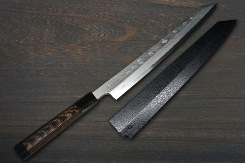 Sakai Takayuki HANAFUBUKI Ginsan Damascus Japanese Sakura Engraved Kengata-YanagibaSashimi 270mm with Wenge Handle and Saya Sheath