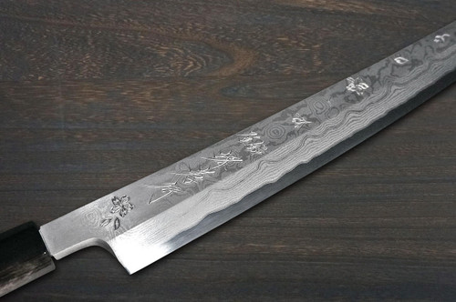 Sakai Takayuki HANAFUBUKI Ginsan Damascus Japanese Sakura Engraved Kengata-YanagibaSashimi 270mm with Wenge Handle and Saya Sheath