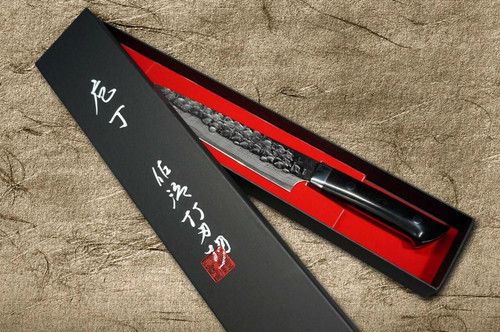 Takeshi Saji VG10 Mirror Hammered Damascus MCB Japanese Chefs SlicerSujihiki 240mm with Black Micarta Handle