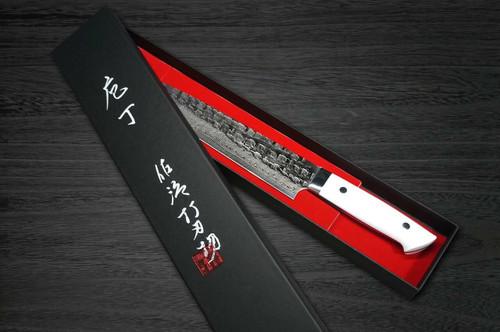 Takeshi Saji VG10 Mirror Hammered Damascus CRW Japanese Chefs SlicerSujihiki 240mm with White Stone Handle