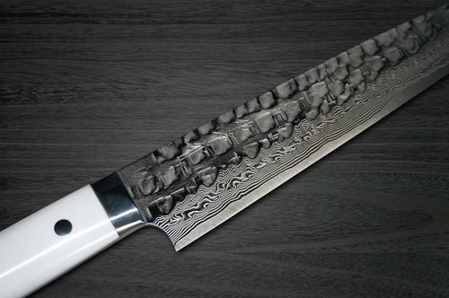 Takeshi Saji VG10 Mirror Hammered Damascus CRW Japanese Chefs SlicerSujihiki 240mm with White Stone Handle