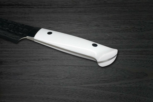 Takeshi Saji VG10 Mirror Hammered Damascus CRW Japanese Chefs SlicerSujihiki 240mm with White Stone Handle