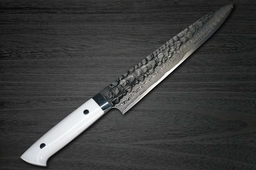 Takeshi Saji VG10 Mirror Hammered Damascus CRW Japanese Chefs SlicerSujihiki 240mm with White Stone Handle