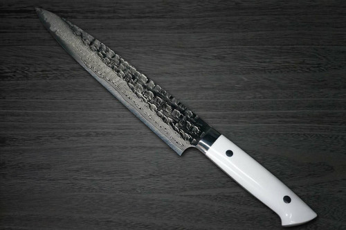 Takeshi Saji VG10 Mirror Hammered Damascus CRW Japanese Chefs SlicerSujihiki 240mm with White Stone Handle