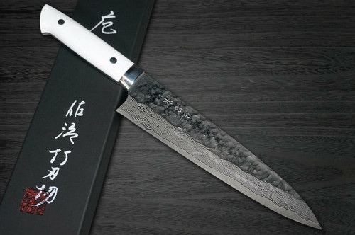 Takeshi Saji VG10 Mirror Hammered Damascus CRW Japanese Chefs Gyuto Knife 210mm with White Stone Handle