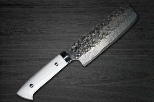 Takeshi Saji VG10 Mirror Hammered Damascus CRW Japanese Chefs NakiriVegetable 170mm with White Stone Handle