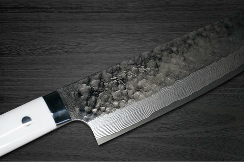 Takeshi Saji VG10 Mirror Hammered Damascus CRW Japanese Chefs NakiriVegetable 170mm with White Stone Handle