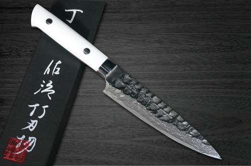 Takeshi Saji VG10 Mirror Hammered Damascus CRW Japanese Chefs Petty KnifeUtility 90mm with White Stone Handle