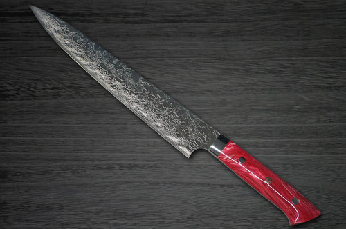 Takeshi Saji R2 Diamond Finish Damascus TCR Japanese Chefs SlicerSujihiki 270mm with Red Turquoise Handle